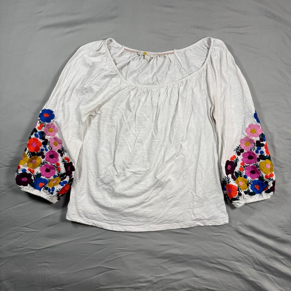 Boden White Poppy Floral Embroidered Puff Sleeve Peasant Top Sz 6 Cottagecore - Picture 1 of 12